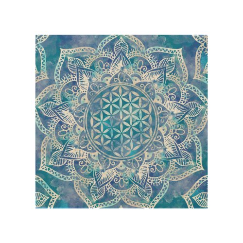 Flower of Life in Lotus _ Watercolor Blue Wood Wall Art