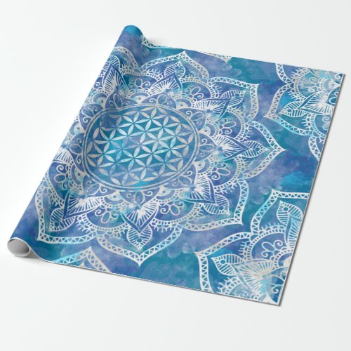 Flower of Life in Lotus _ Watercolor Blue Wrapping Paper
