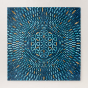 Flower of Life in petals - Blue Marble and Gold Jigsaw Puzzle