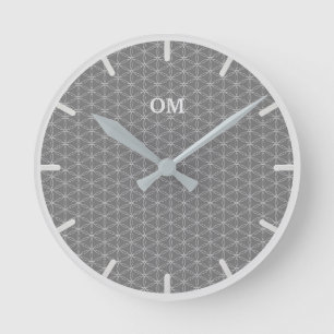 Flower of Life in Silver Dust and Gray Round Clock