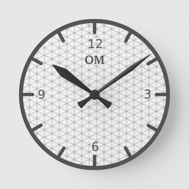 Flower of Life in Silver Gray and White Round Clock (Front)