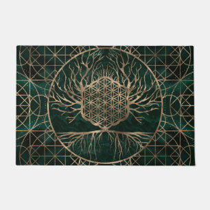 Flower of Life in Tree of life Malachite and Gold Doormat
