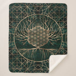 Flower of Life in Tree of life Malachite and Gold Sherpa Blanket