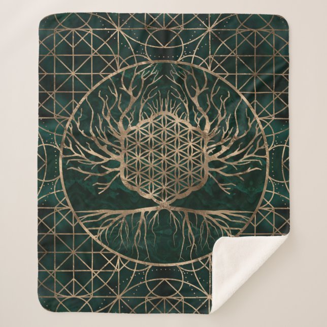 Flower of Life in Tree of life Malachite and Gold Sherpa Blanket (Front)
