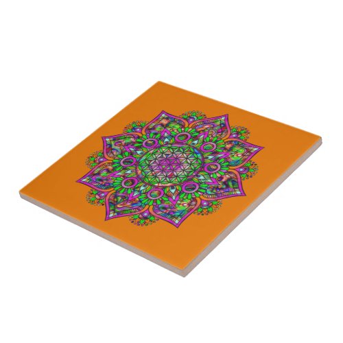 Flower Of Life _ Indian Mandala 1 Ceramic Tile