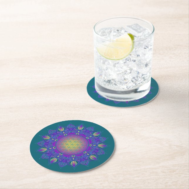 Flower Of Life - Indian Mandala 3 Round Paper Coaster (Insitu)