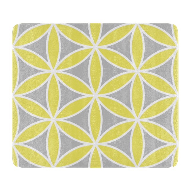 Flower of Life Large Ptn Yellow Gray White Cutting Board (Front)