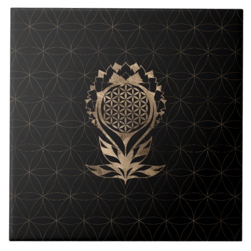 Flower of Life Lotus _ Black and Gold Ceramic Tile