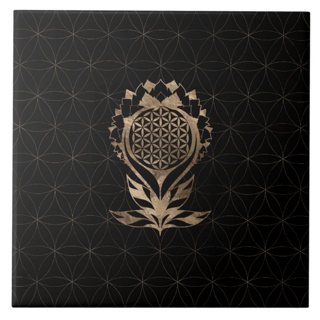 Flower of Life Lotus - Black and Gold Ceramic Tile (Front)
