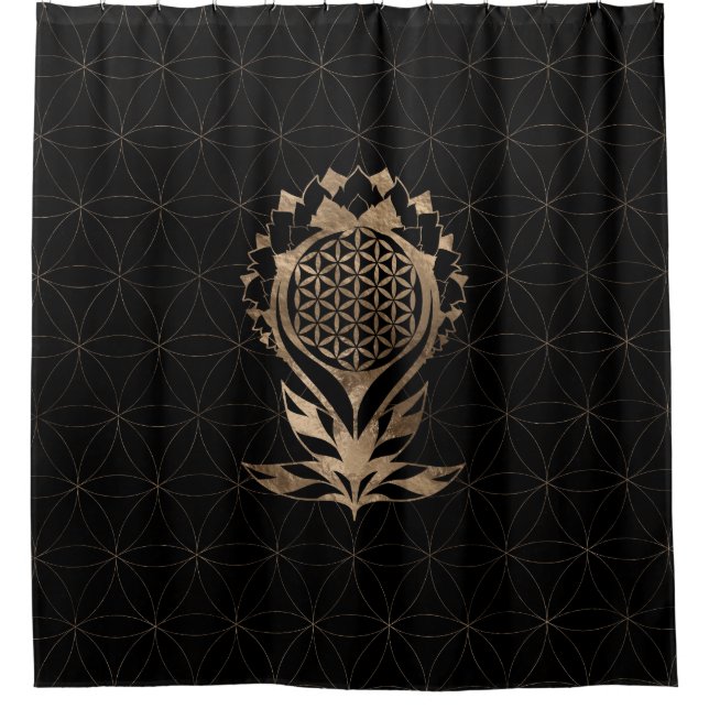 Flower of Life Lotus - Black and Gold Shower Curtain (Front)