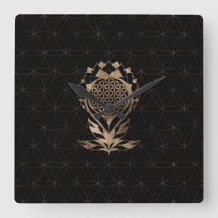 Flower of Life Lotus - Black and Gold Square Wall Clock