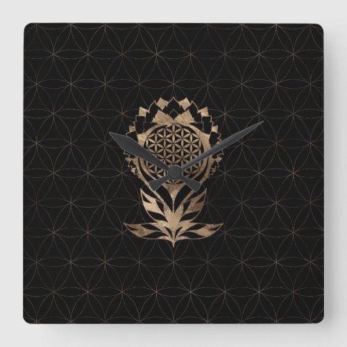 Flower of Life Lotus _ Black and Gold Square Wall Clock
