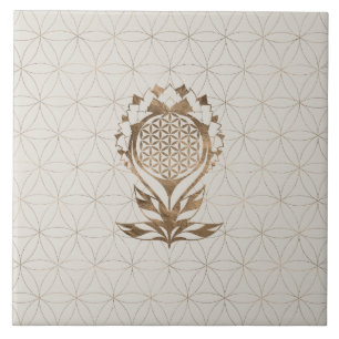 Flower of Life Lotus - Golden Texture Ceramic Tile