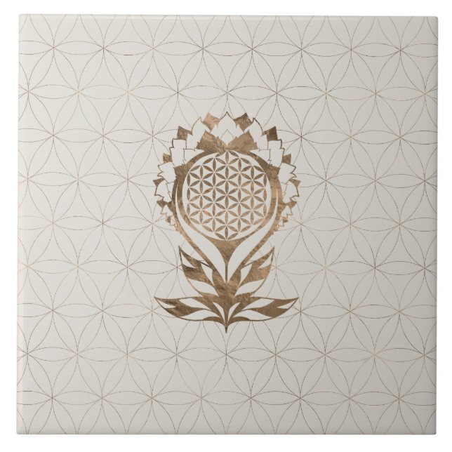 Flower of Life Lotus - Golden Texture Ceramic Tile (Front)