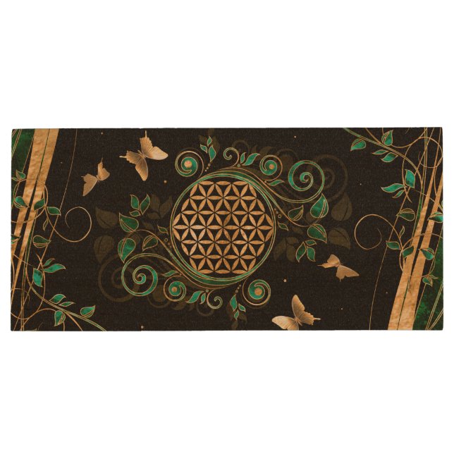 Flower of Life  - Malachite Swirl and Butterflies Wood Flash Drive (Back)