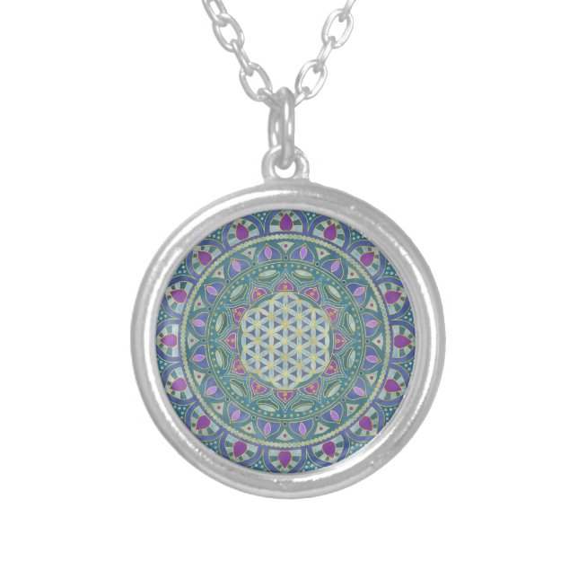 Flower Of Life - Mandala India Style 1 Silver Plated Necklace (Front)