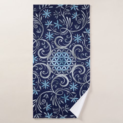 Flower of life Mandala _ Silver Blue Bath Towel Set
