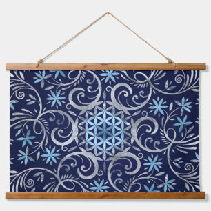 Flower of life Mandala - Silver Blue Hanging Tapestry