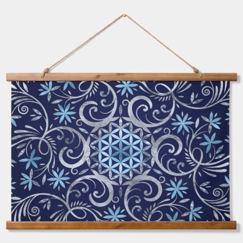 Flower of life Mandala _ Silver Blue Hanging Tapestry