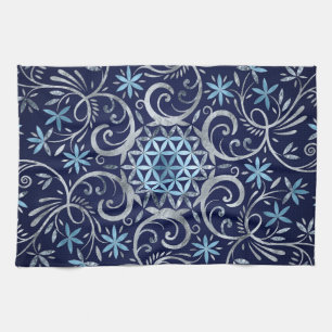 Flower of life Mandala - Silver Blue Kitchen Towel