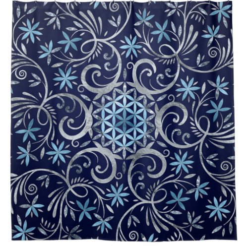 Flower of life Mandala _ Silver Blue Shower Curtain