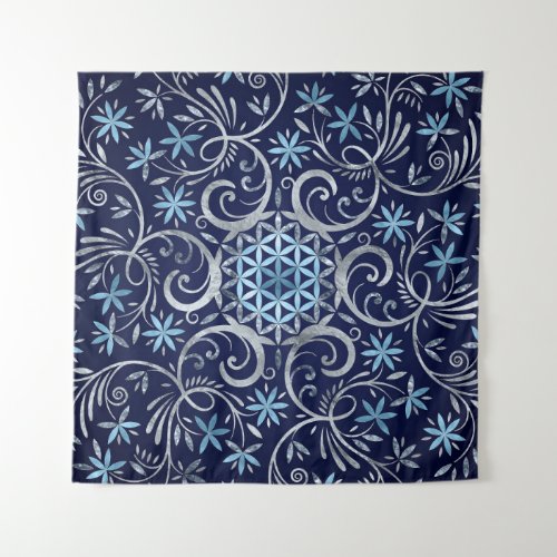 Flower of life Mandala _ Silver Blue Tapestry