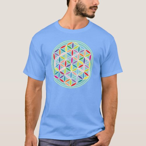 Flower of Life  Multicoloured on Blue T_Shirt