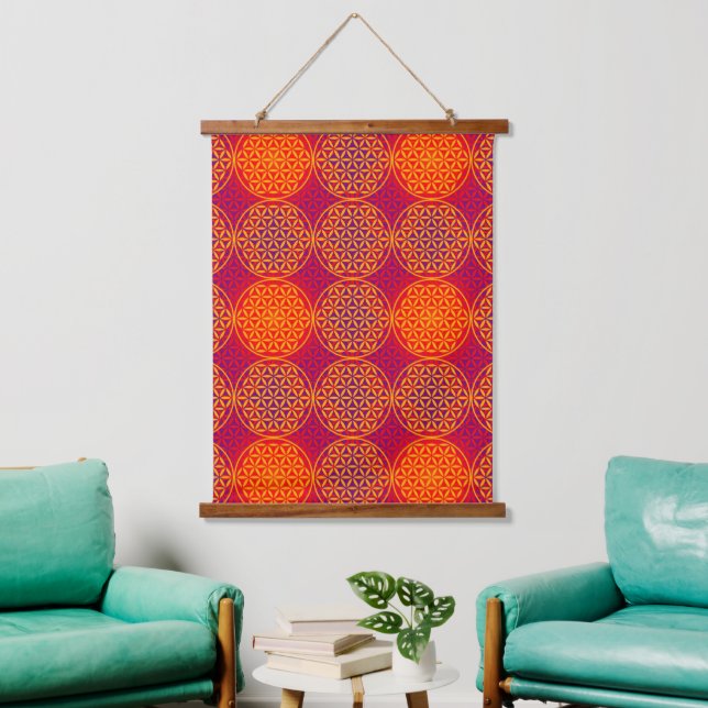 FLOWER OF LIFE - orange pink pattern Hanging Tapestry (Living Room)