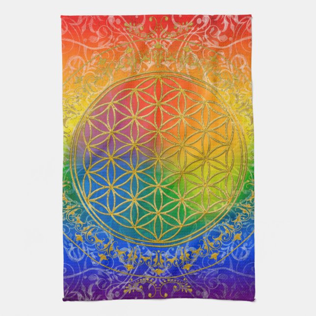 Flower of Life - Ornament Rainbow gold Kitchen Towel (Vertical)