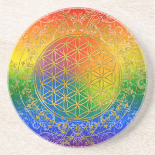 Flower of Life - Ornament Rainbow gold Sandstone Coaster