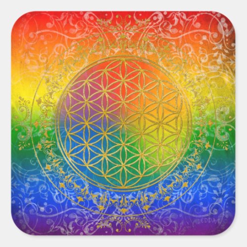 Flower of Life _ Ornament Rainbow gold Square Sticker