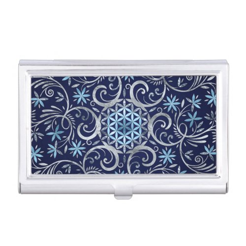 Flower of life Ornament _ Silver Blue Business Card Case
