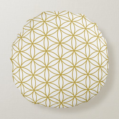 Flower of Life Pattern Gold on White Round Pillow