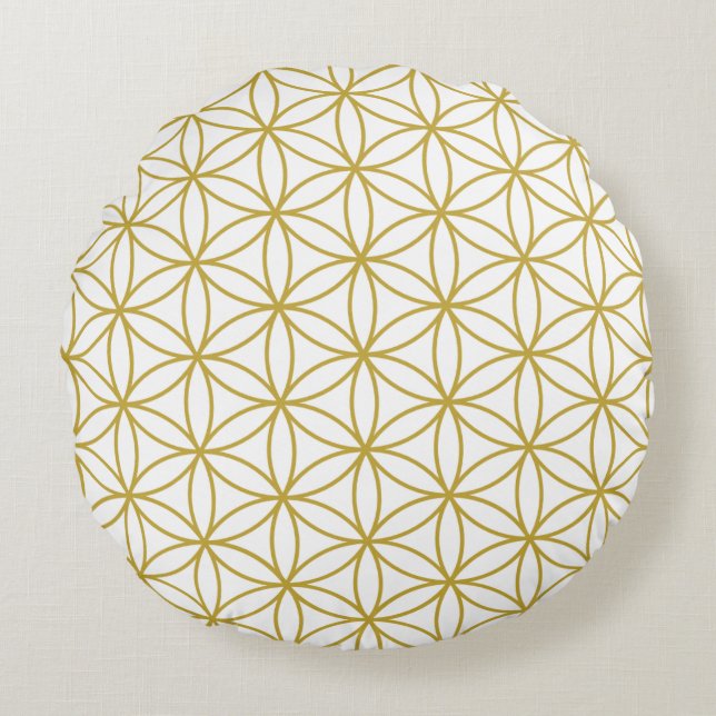 Flower of Life Pattern Gold on White Round Pillow (Front)