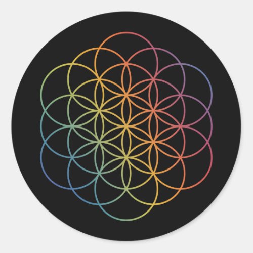 Flower of Life Rainbow Gradient Pattern on Black Classic Round Sticker