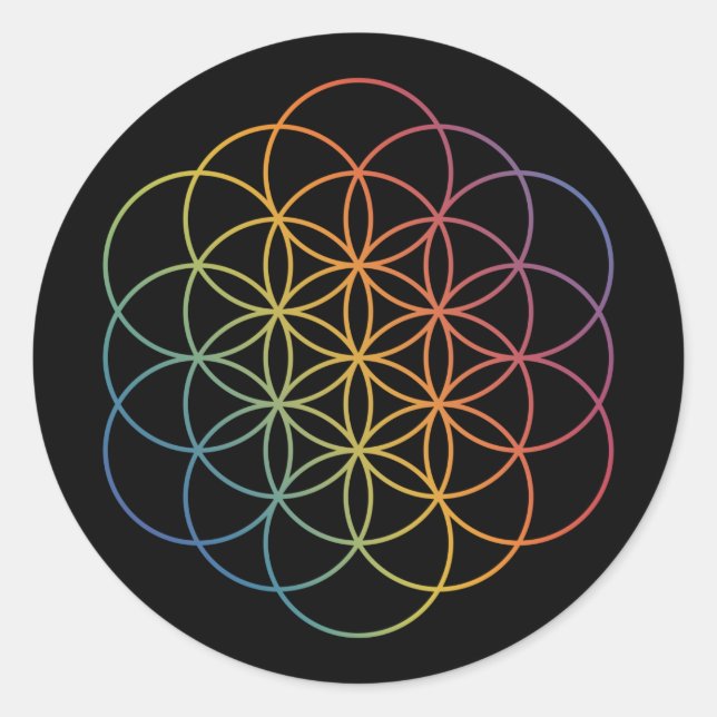 Flower of Life Rainbow Gradient Pattern on Black Classic Round Sticker (Front)