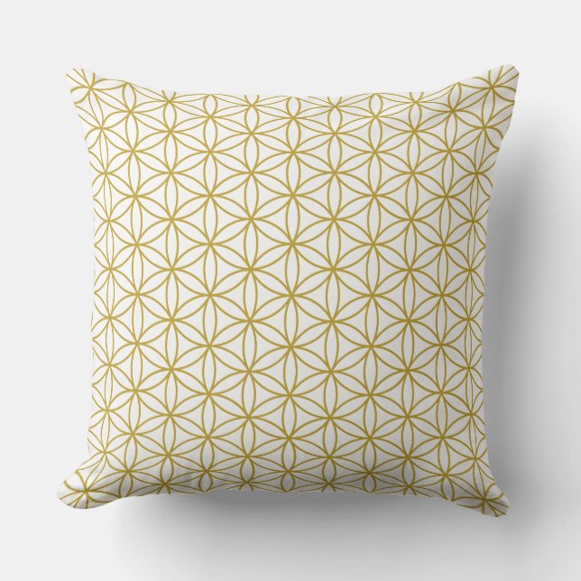 Flower of Life Repeat Pattern – Gold on White Throw Pillow (Front)