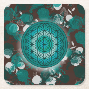 flower of life, sacred geometric,zen, chakra, square paper coaster