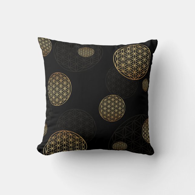 Flower of life - Sacred geometry | Gold-black Throw Pillow (Front)