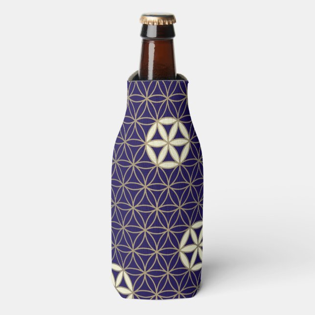 Flower Of Life - seamless pattern - blue beige Bottle Cooler (Bottle Front)