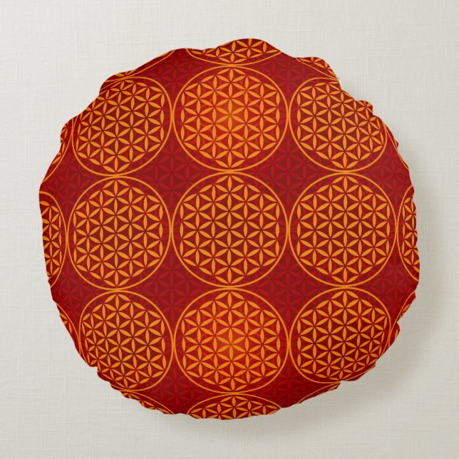 Flower of Life - stamp pattern - orange red Round Pillow (Back)