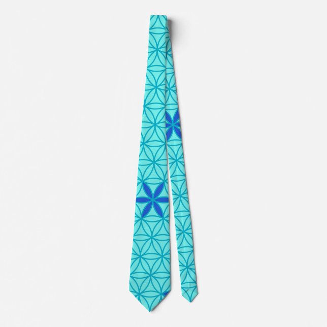 Flower Of Life - stamp seamless pattern - cyan Neck Tie (Front)