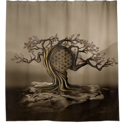 Flower of Life Tree Golden Morning Shower Curtain