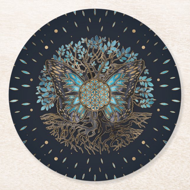 Flower of Life - Tree of life - Butterfly Round Paper Coaster (Front)