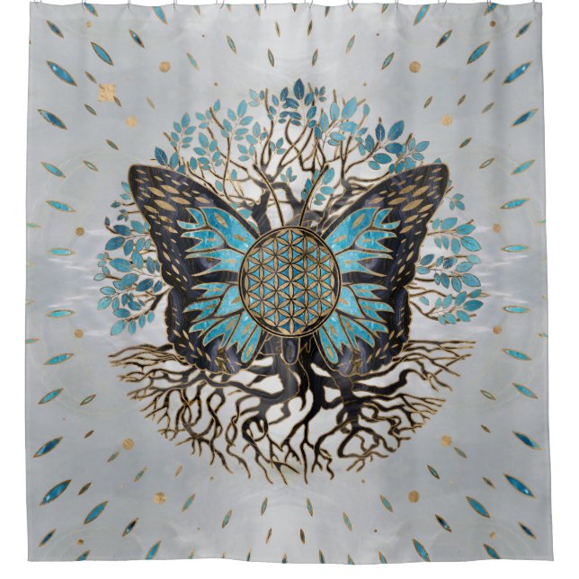 Flower of Life - Tree of life - Butterfly Shower Curtain (Front)