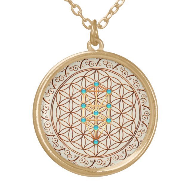 Flower of Life, Tree of Life, Kabbalah, Sephiroth Gold Plated Necklace (Front)