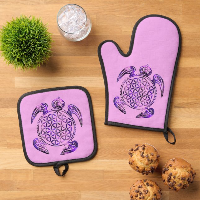 FLOWER OF LIFE - Turtle Magic 3 Oven Mitt & Pot Holder Set (Top Down)