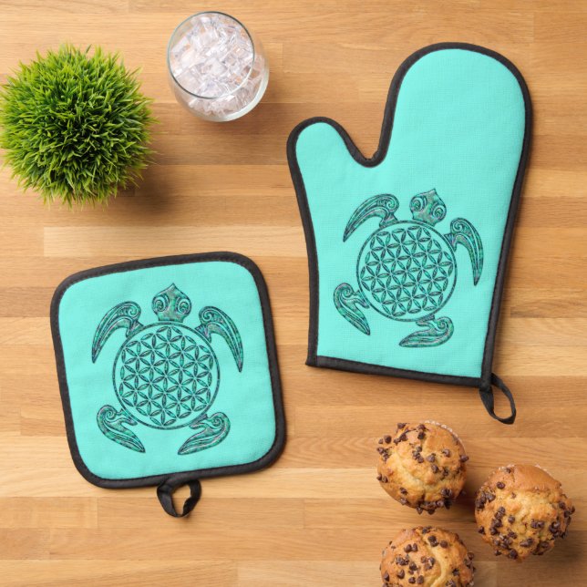 FLOWER OF LIFE - Turtle Magic 4 Oven Mitt & Pot Holder Set (Top Down)