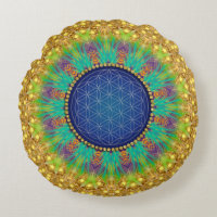 Flower of Life Vibrant Colors Gold Navy Blue Round Pillow