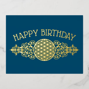 Flower Of Life - Vintage Ornaments blue gold Foil Holiday Postcard